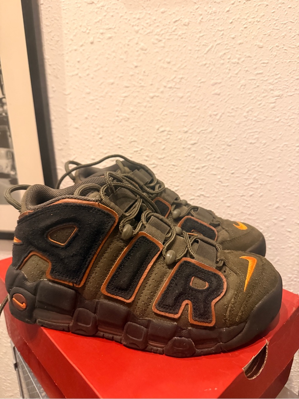 Nike Kids Olive and Orange Air Uptempo Sneakers